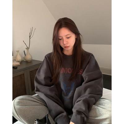 LIL CHER灰色美式复古印花加绒卫衣女秋冬新款宽松慵懒风套头上衣