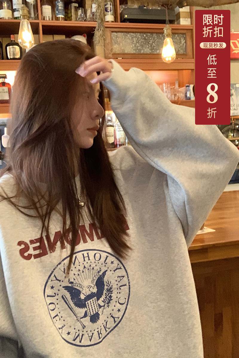 LIL CHER灰色美式复古印花加绒卫衣女秋冬新款宽松慵懒风套头上衣